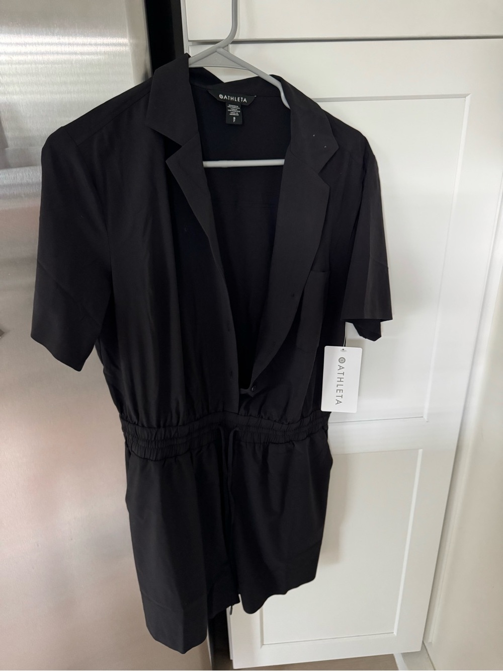Athleta Black Short-Sleeve Blazer Romper with Elastic Waist